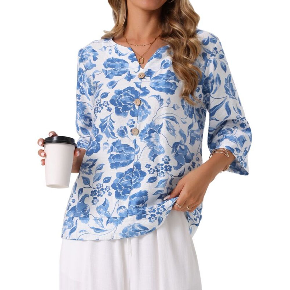 3/4 Sleeve Dressy Casual V Neck Boho Floral Button Summer Blouse Blue